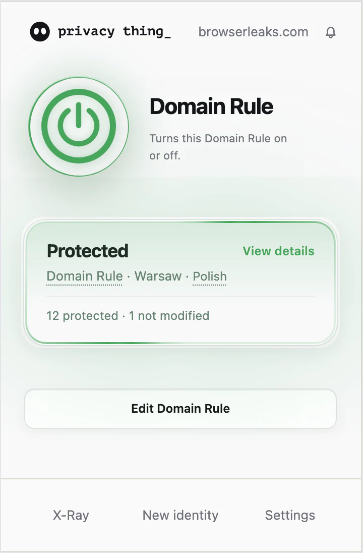Privacy Thing popup showing the status and settings for the current site