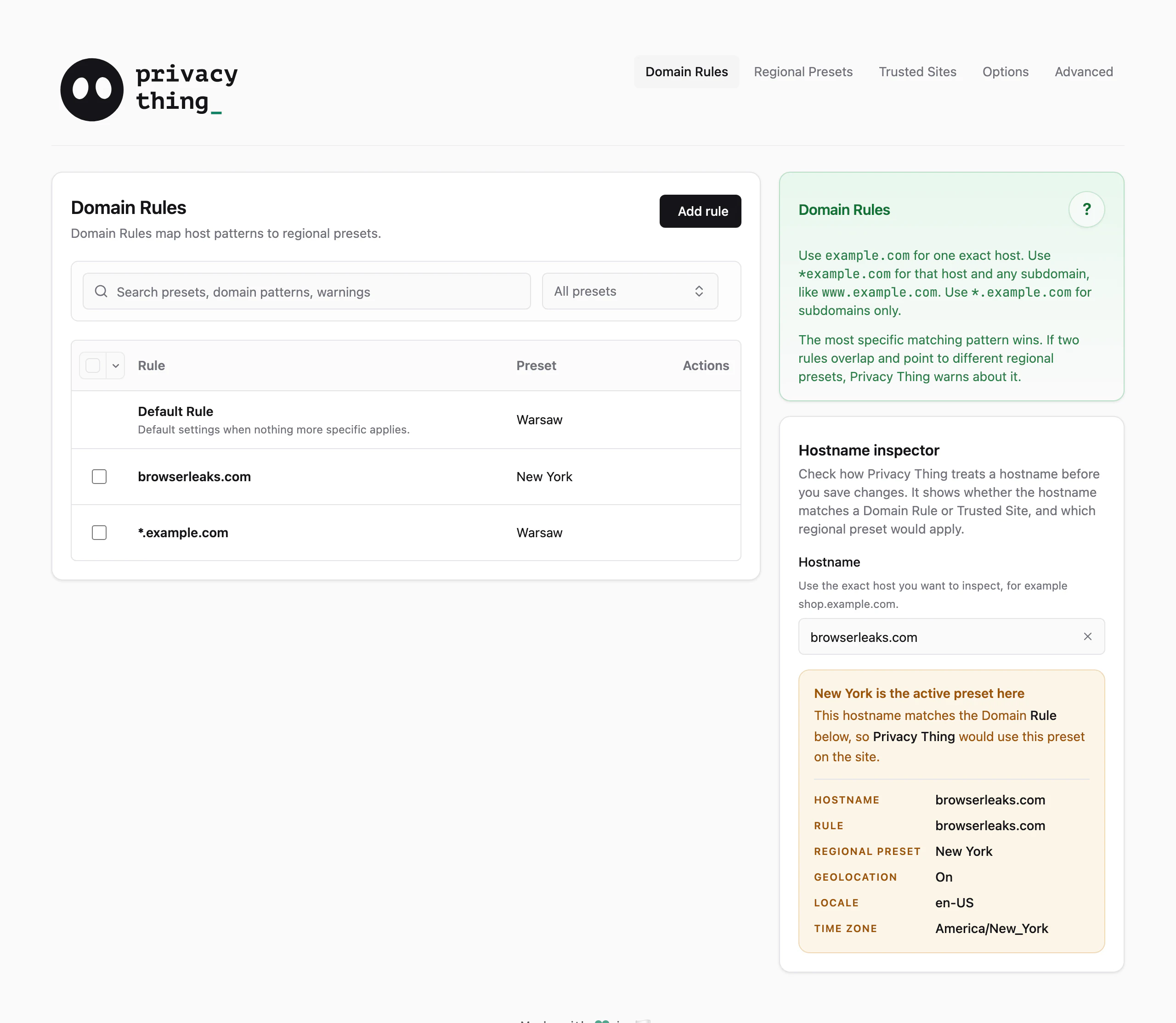 Privacy Thing Domain Rules screen with host rules and a hostname inspector