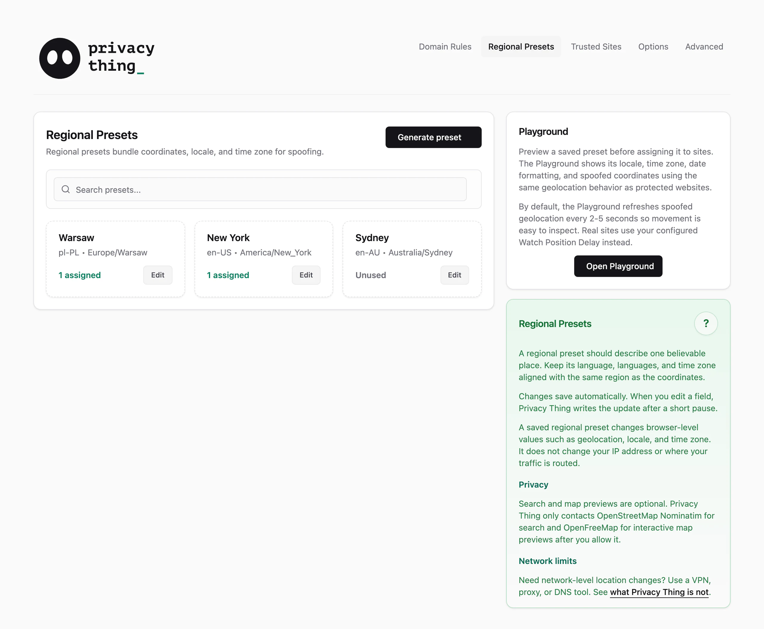Privacy Thing Regional Presets screen with saved presets